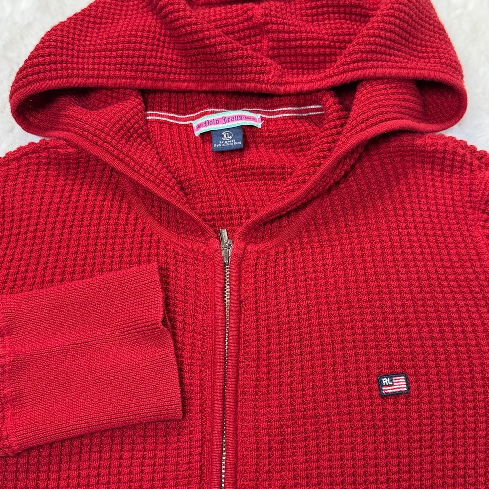 Vintage Ralph Lauren Polo Zip Hoodie Cardigan Red Women XL Fits M Flag patch‎
